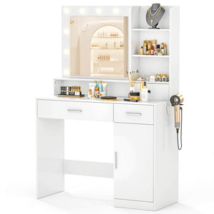 vanity desk with mirror and lights