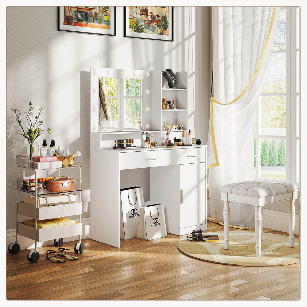 vanity desk with mirror and lights