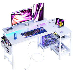 Sweetcrispy L-Shaped Gaming Desk with Monitor Stand, LED Lights & Power Outlets