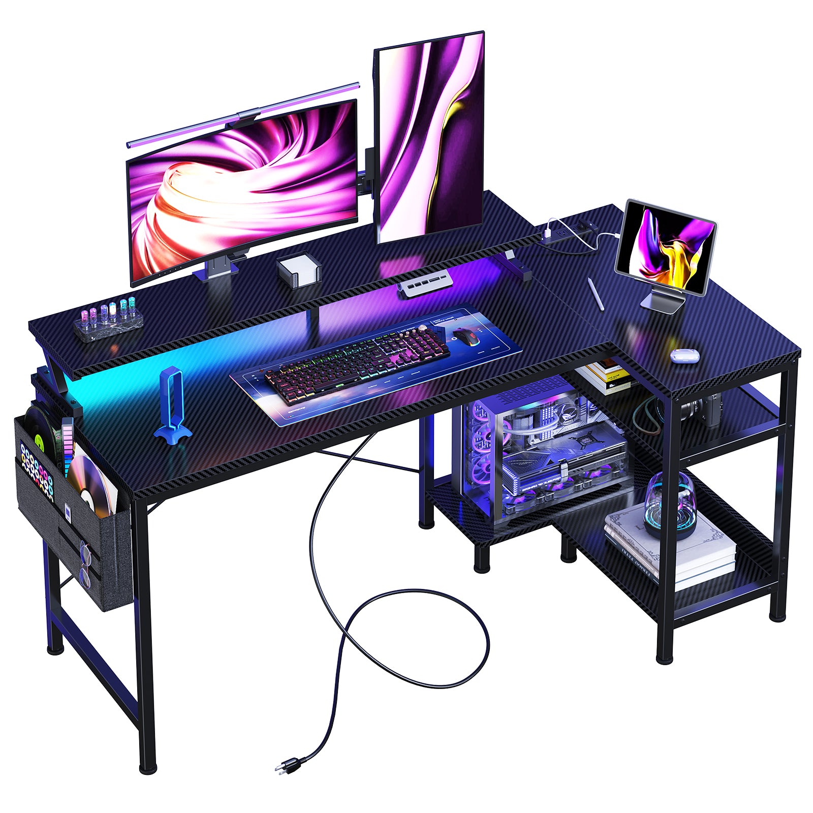 Sweetcrispy L-Shaped Gaming Desk with Monitor Stand, LED Lights & Powe