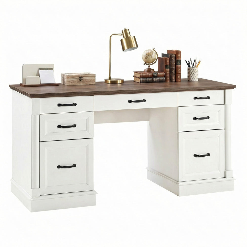 Sweetcrispy Farmhouse Executive Desk Wood Writing Desk with 7 Drawers