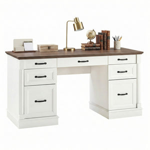 Sweetcrispy Farmhouse Executive Desk Wood Writing Desk with 7 Drawers