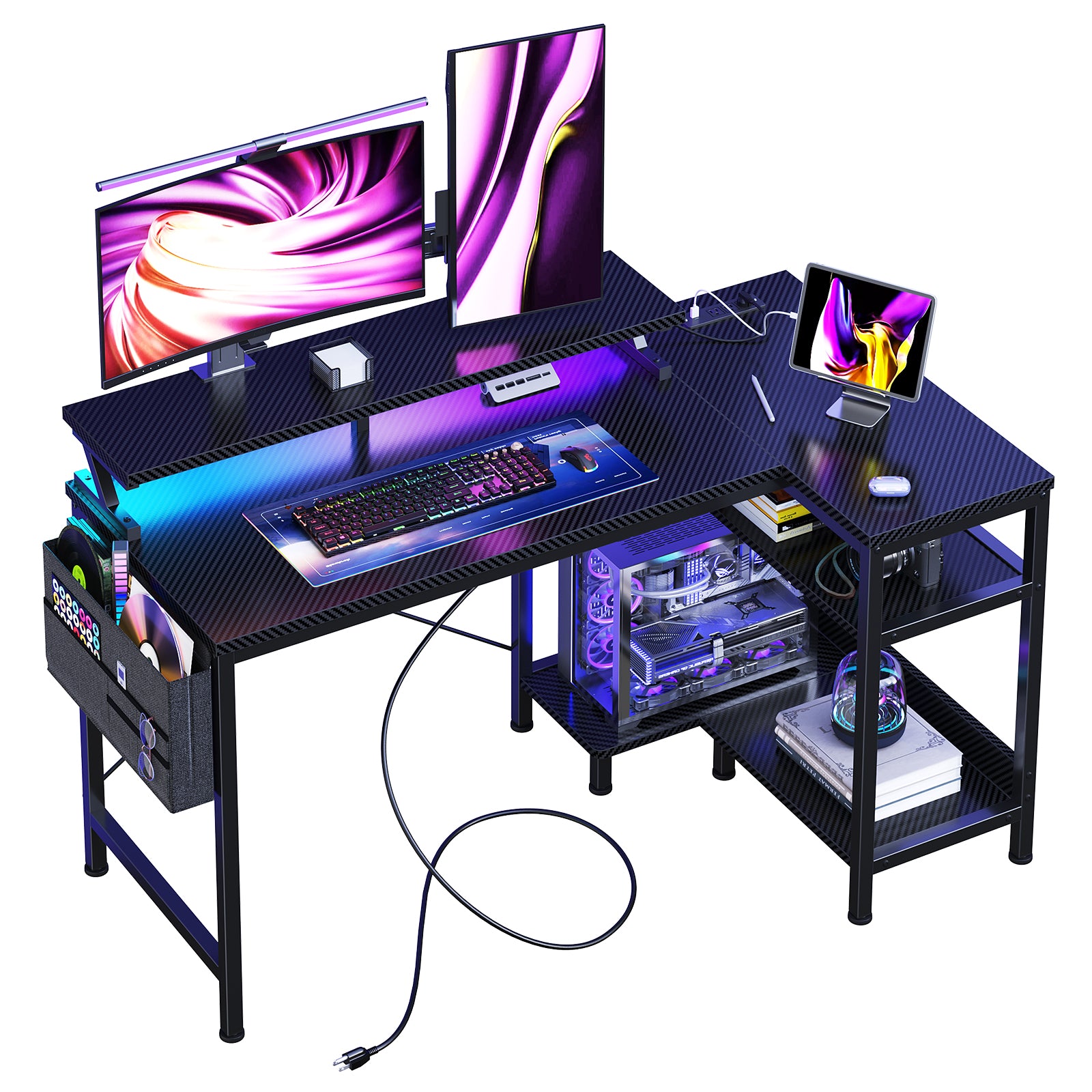 Sweetcrispy L-Shaped Gaming Desk with Monitor Stand, LED Lights & Powe