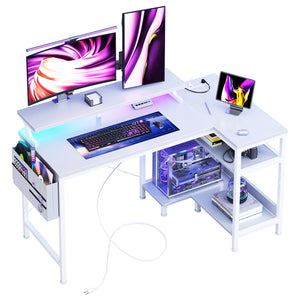 Sweetcrispy L-Shaped Gaming Desk with Monitor Stand, LED Lights & Power Outlets