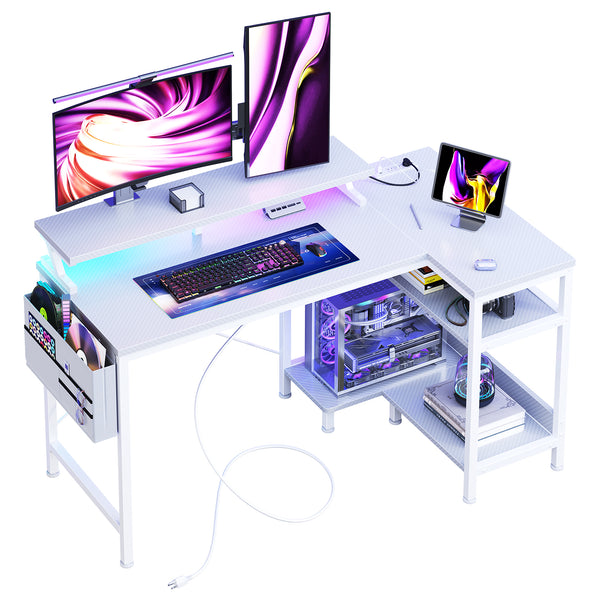 Sweetcrispy L-Shaped Gaming Desk with Monitor Stand, LED Lights & Power Outlets