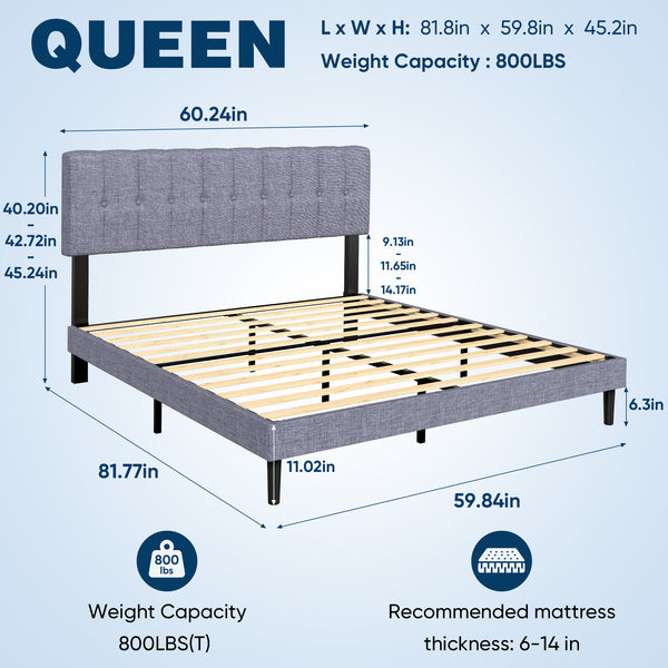 Sweetcrispy Fabric Upholstered Platform Bed Frame with Adjustable Headboard