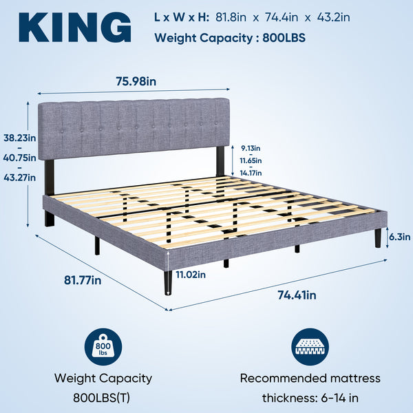 Sweetcrispy Fabric Upholstered Platform Bed Frame with Adjustable Headboard