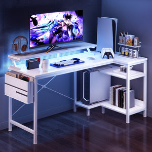 Sweetcrispy L-Shaped Gaming Desk with Monitor Stand, LED Lights & Power Outlets