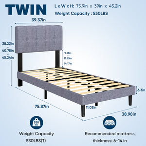 Sweetcrispy Fabric Upholstered Platform Bed Frame with Adjustable Headboard
