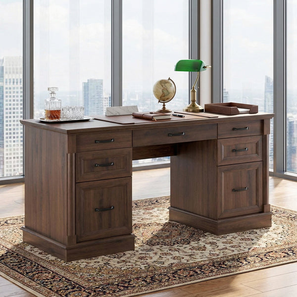 Sweetcrispy Farmhouse Executive Desk Wood Writing Desk with 7 Drawers