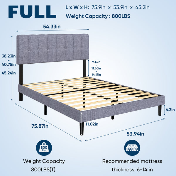 Sweetcrispy Fabric Upholstered Platform Bed Frame with Adjustable Headboard