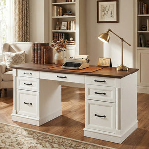 Sweetcrispy Farmhouse Executive Desk Wood Writing Desk with 7 Drawers