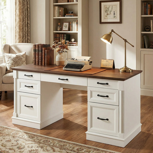 Sweetcrispy Farmhouse Executive Desk Wood Writing Desk with 7 Drawers