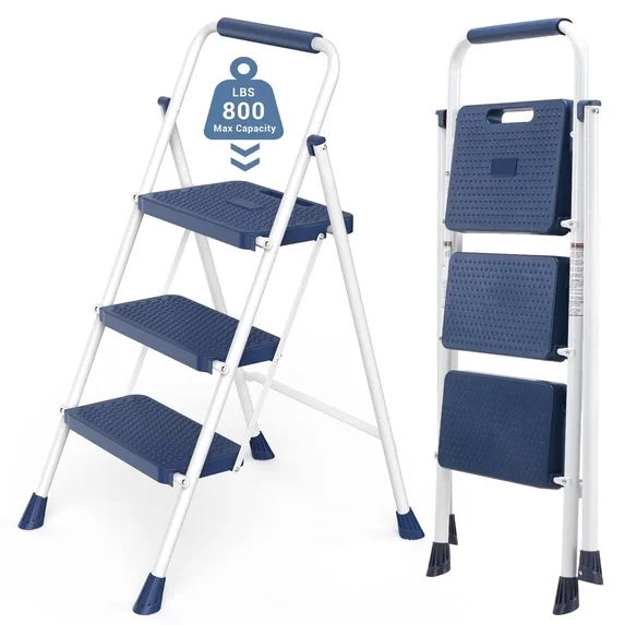 Sweetcrispy 2-Step 330 lbs Capacity Steel Step Ladder, Non-Slip Pedals Comfortable Handrails Portable for Kitchen Garage Outdoor, Black