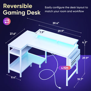 Sweetcrispy L-Shaped Gaming Desk with Monitor Stand, LED Lights & Power Outlets