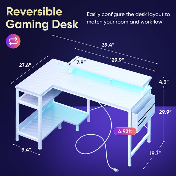Sweetcrispy L-Shaped Gaming Desk with Monitor Stand, LED Lights & Power Outlets
