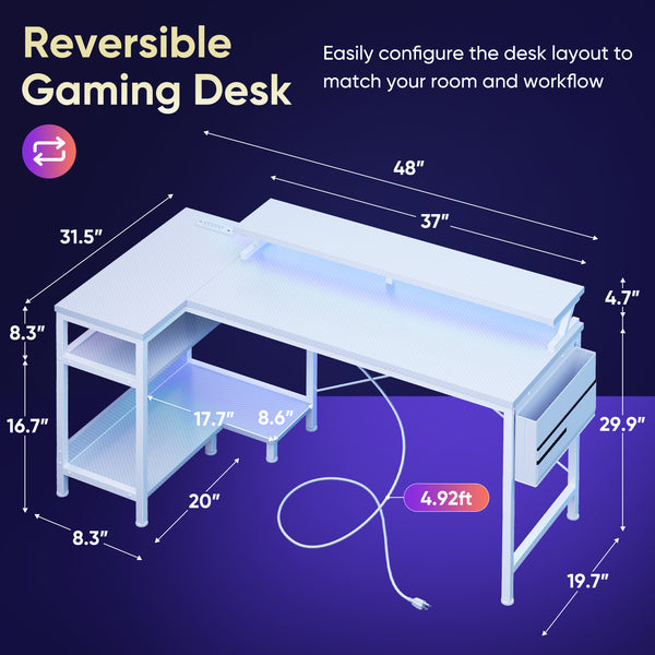 Sweetcrispy L-Shaped Gaming Desk with Monitor Stand, LED Lights & Power Outlets