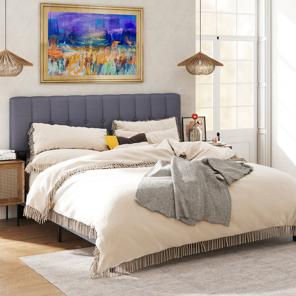 Sweetcrispy Fabric Upholstered Platform Bed Frame with Adjustable Headboard
