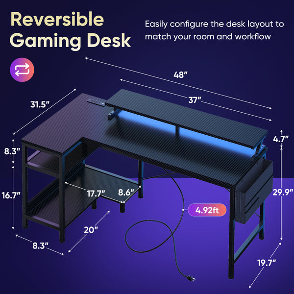 Sweetcrispy L-Shaped Gaming Desk with Monitor Stand, LED Lights & Power Outlets