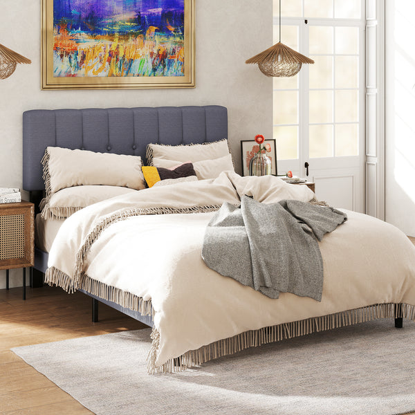 Sweetcrispy Fabric Upholstered Platform Bed Frame with Adjustable Headboard