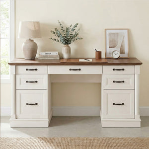 Sweetcrispy Farmhouse Executive Desk Wood Writing Desk with 7 Drawers