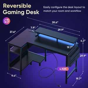 Sweetcrispy L-Shaped Gaming Desk with Monitor Stand, LED Lights & Power Outlets