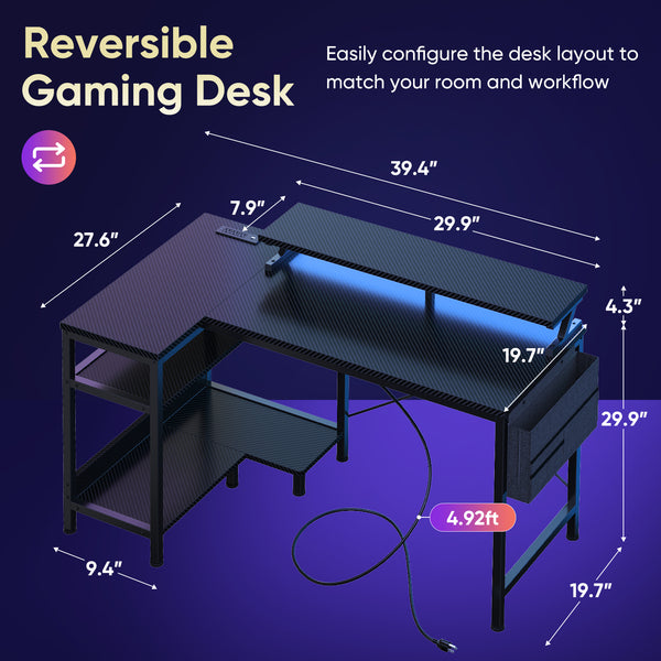 Sweetcrispy L-Shaped Gaming Desk with Monitor Stand, LED Lights & Power Outlets