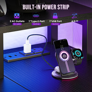 Sweetcrispy L Shaped Computer Gaming Desk with USB Charging Ports & LED Lights, Reversible Corner Table with Power Outlets Monitor Stand for Home Office
