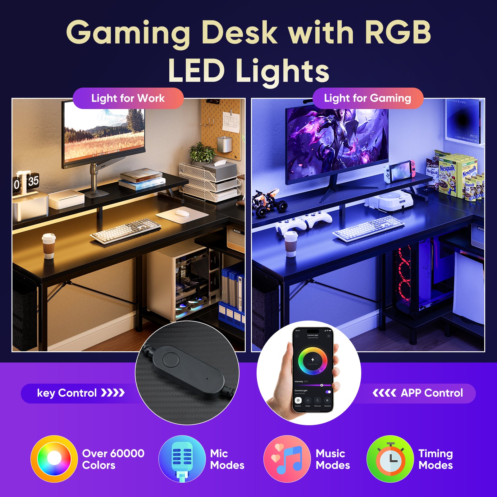 Sweetcrispy L-Shaped Gaming Desk with Monitor Stand, LED Lights & Powe