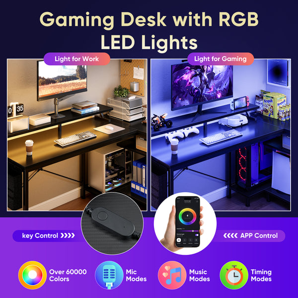 Sweetcrispy L-Shaped Gaming Desk with Monitor Stand, LED Lights & Power Outlets