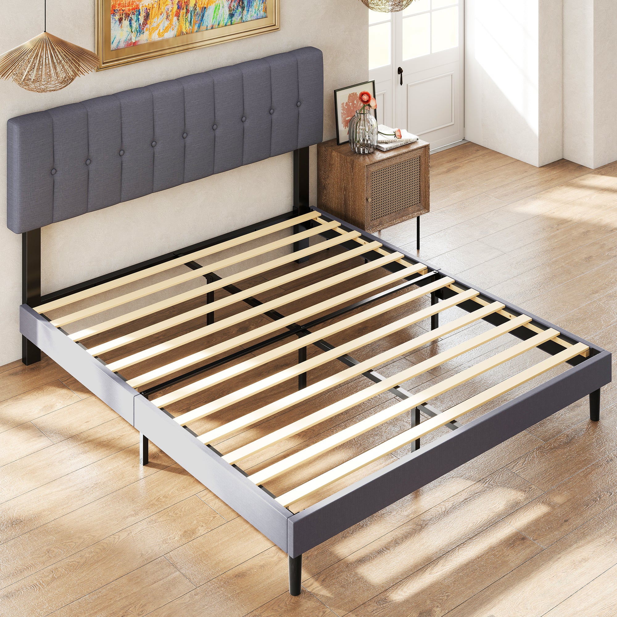 Sweetcrispy Fabric Upholstered Platform Bed Frame with Adjustable Headboard – sweetcrispy