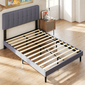 Sweetcrispy Fabric Upholstered Platform Bed Frame with Adjustable Headboard