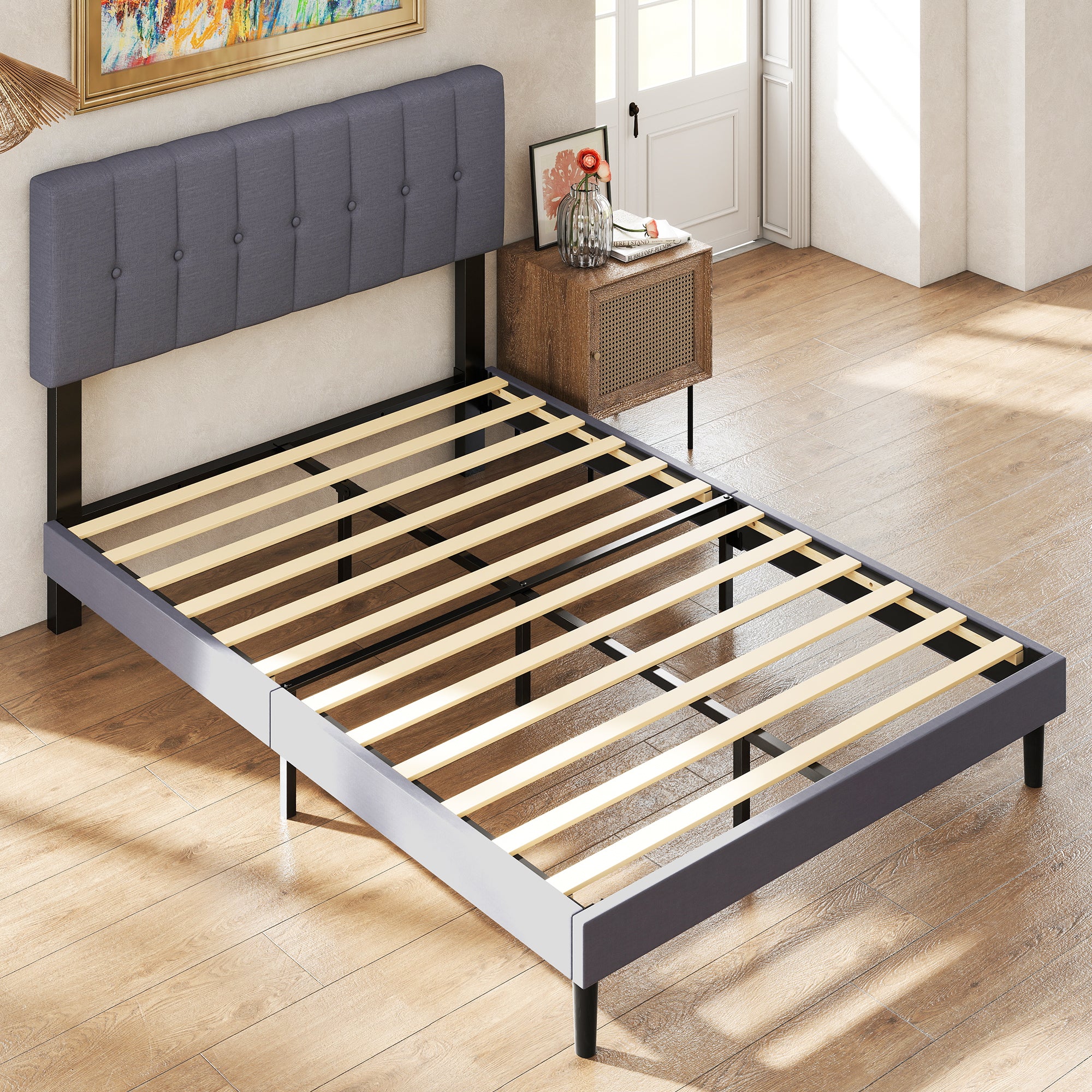 Sweetcrispy Fabric Upholstered Platform Bed Frame with Adjustable Headboard – sweetcrispy