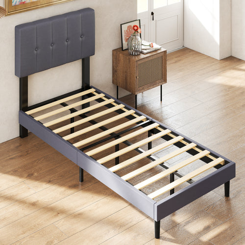 Sweetcrispy Fabric Upholstered Platform Bed Frame with Adjustable Headboard