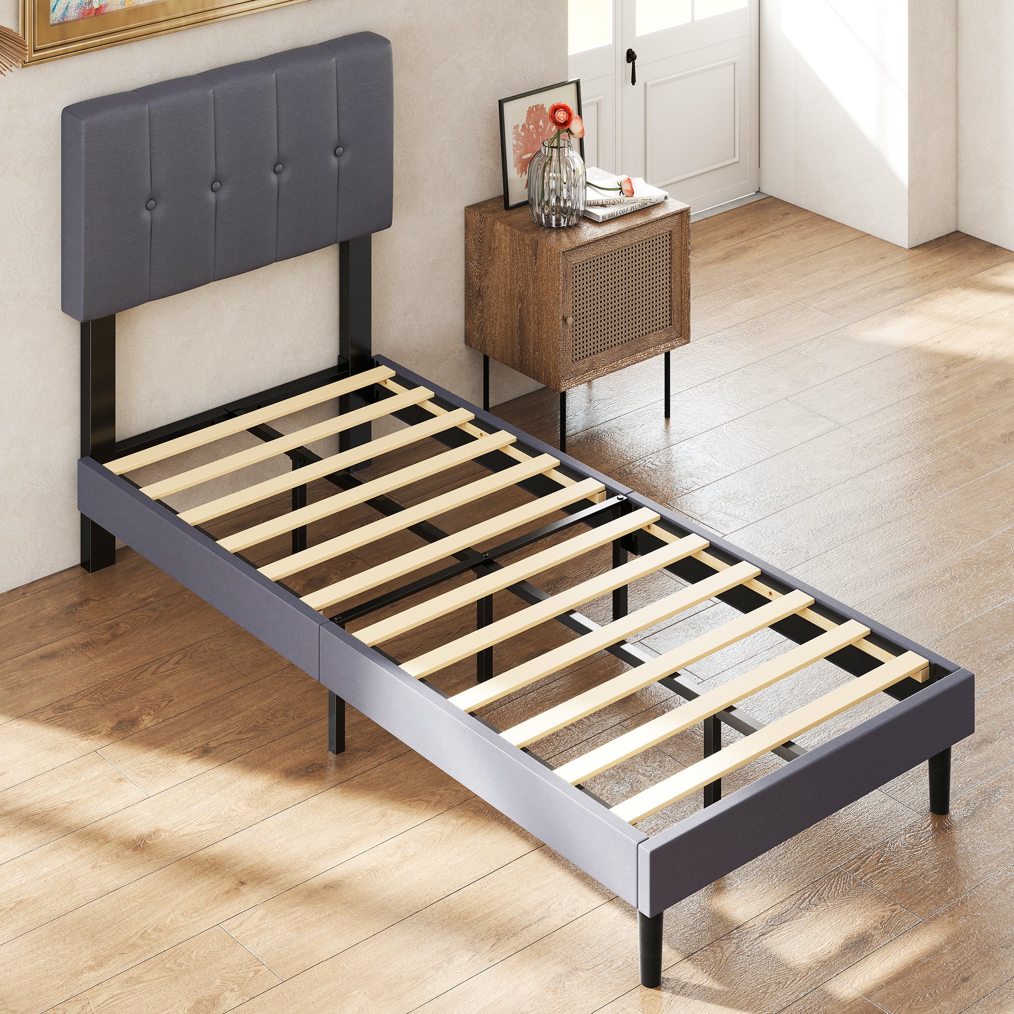 Sweetcrispy Fabric Upholstered Platform Bed Frame with Adjustable Headboard – sweetcrispy