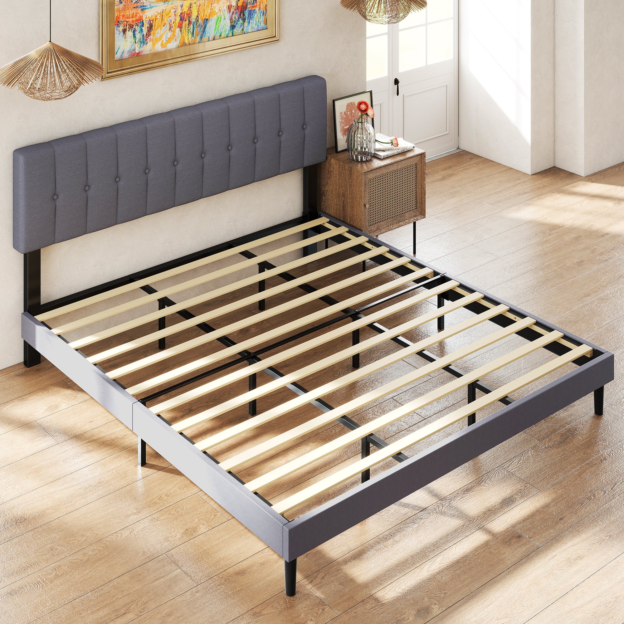 Sweetcrispy Fabric Upholstered Platform Bed Frame with Adjustable Headboard – sweetcrispy
