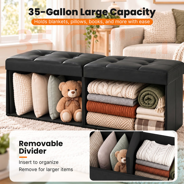 Sweetcrispy Storage Ottoman Bench with Dual Flip Lid, Faux Leather Entryway Bench for Living Room and Bedroom