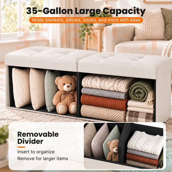 Sweetcrispy Storage Ottoman Bench with Dual Flip Lid, Faux Leather Entryway Bench for Living Room and Bedroom