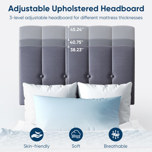 Sweetcrispy Fabric Upholstered Platform Bed Frame with Adjustable Headboard