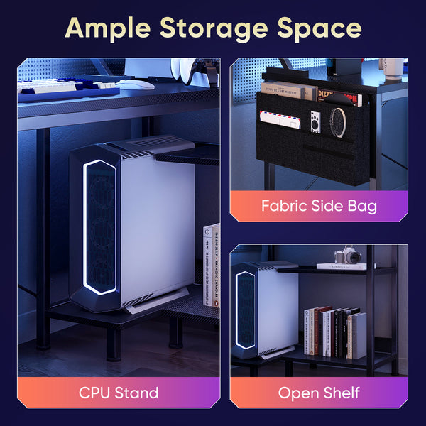 Sweetcrispy L-Shaped Gaming Desk with Monitor Stand, LED Lights & Power Outlets