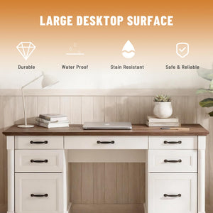Sweetcrispy Farmhouse Executive Desk Wood Writing Desk with 7 Drawers