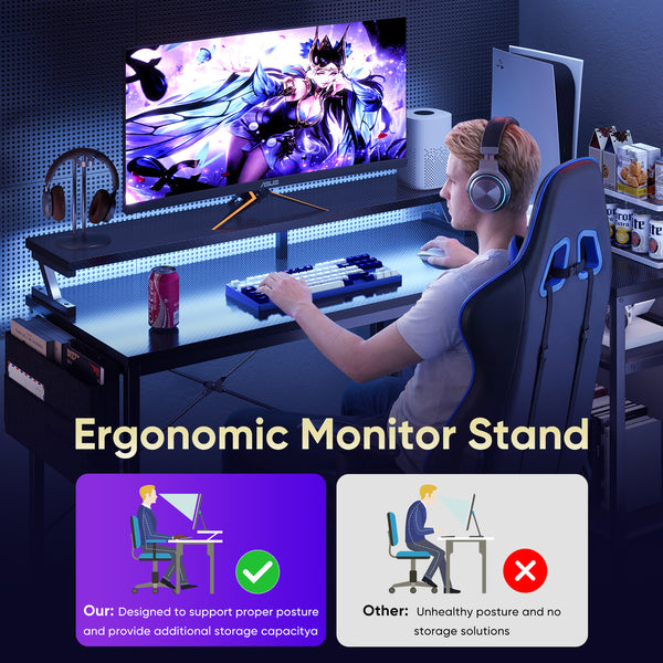Sweetcrispy L-Shaped Gaming Desk with Monitor Stand, LED Lights & Power Outlets