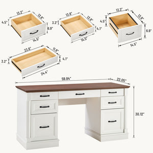 Sweetcrispy Farmhouse Executive Desk Wood Writing Desk with 7 Drawers