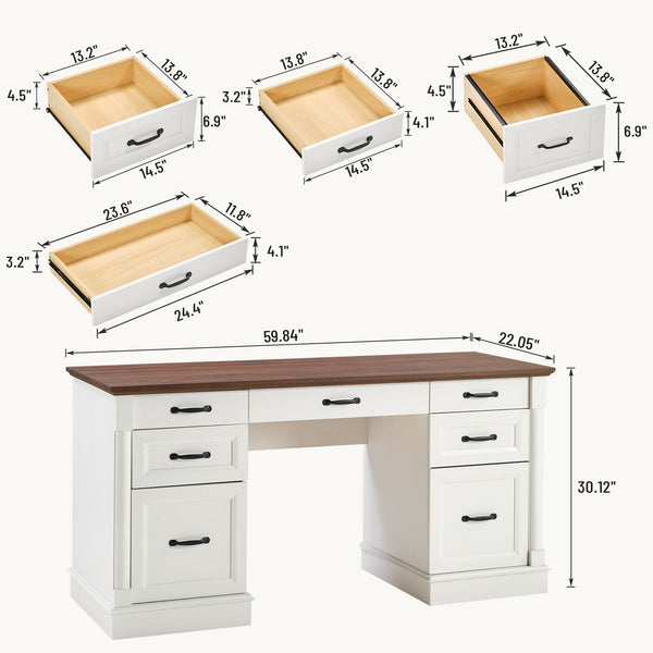 Sweetcrispy Farmhouse Executive Desk Wood Writing Desk with 7 Drawers