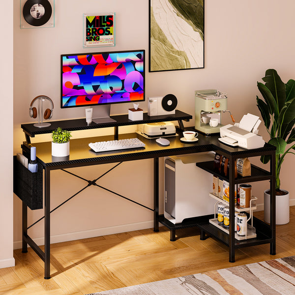 Sweetcrispy L-Shaped Gaming Desk with Monitor Stand, LED Lights & Power Outlets