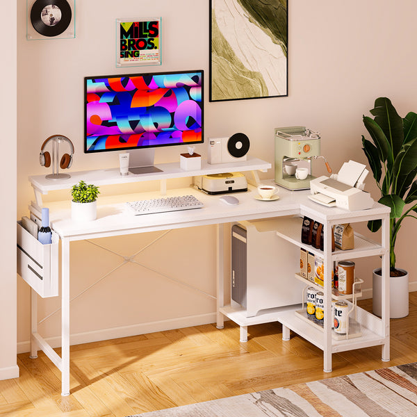 Sweetcrispy L-Shaped Gaming Desk with Monitor Stand, LED Lights & Power Outlets