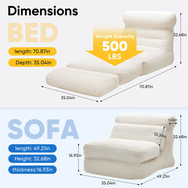 edx Folding Sofa Bed, 3 in 1 Convertible Sofa with Back Support, Portable Folding Chair Bed, Living Room Bedroom Comfortable Floor Sofa Lounge, Single Bed