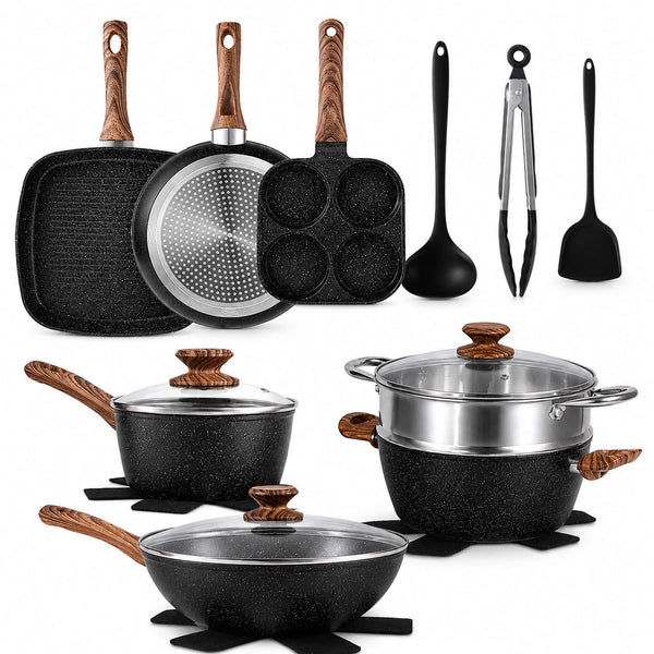 Sweetcrispy 17-Piece Non-Stick Cookware Set with Detachable Handles
