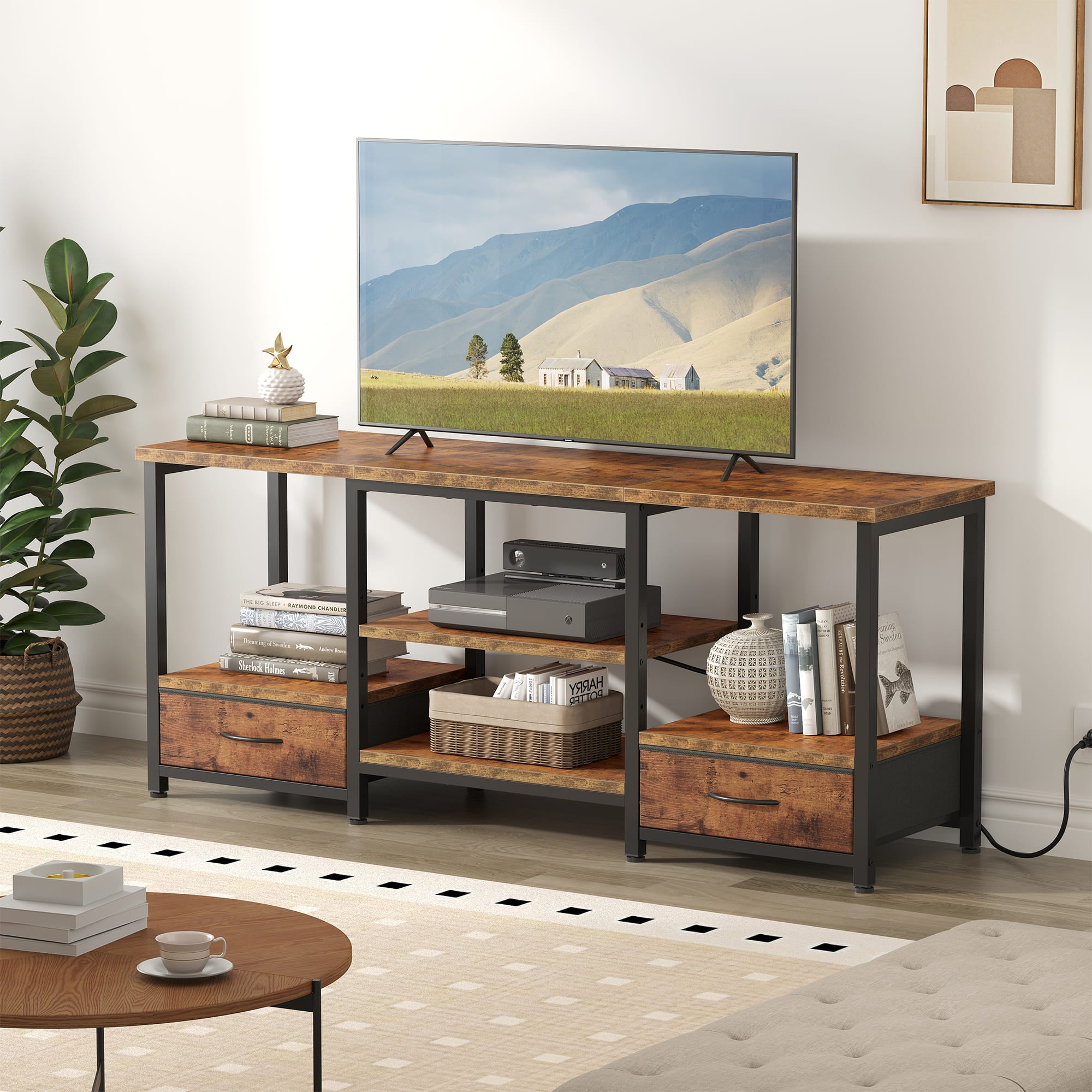 Sweetcrispy TV Stand with 2 Fabric Drawers & Adjustable Shevles for Living Room