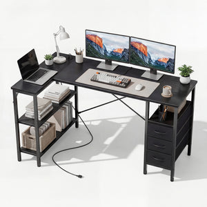 Sweetcrisppy L-Shaped Computer Desk with 3 Drawers and Power Outlets